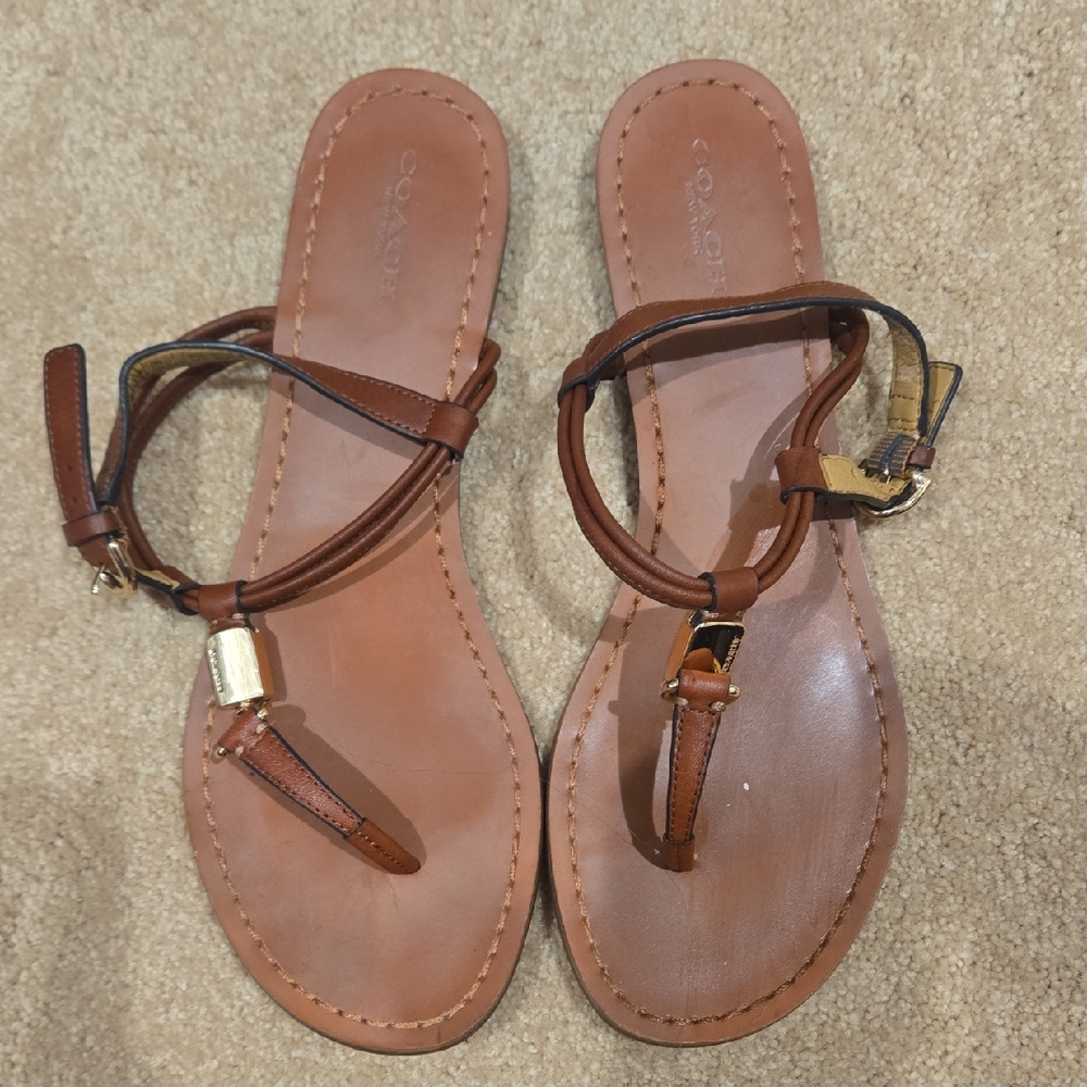 Coach Tan Leather Sandals with Gold Accents Size 7.5